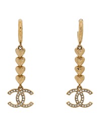 Metal Crystal CC Heart Hoop Long Drop Earrings Gold
