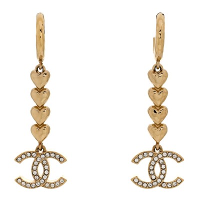 Metal Crystal CC Heart Hoop Long Drop Earrings Gold