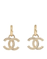 Metal Crystal Studded CC Hoop Drop Earrings Gold