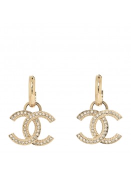 Metal Crystal Studded CC Hoop Drop Earrings Gold