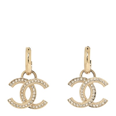 Metal Crystal Studded CC Hoop Drop Earrings Gold