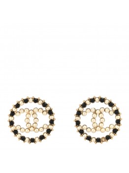 Pearl Beaded CC Round Earrings Gold Black White
