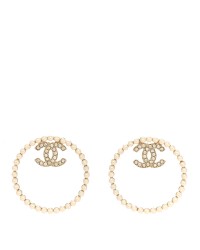 Crystal Pearl CC Door Knocker Hoop Earrings Gold Pearly White