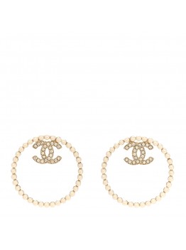 Crystal Pearl CC Door Knocker Hoop Earrings Gold Pearly White