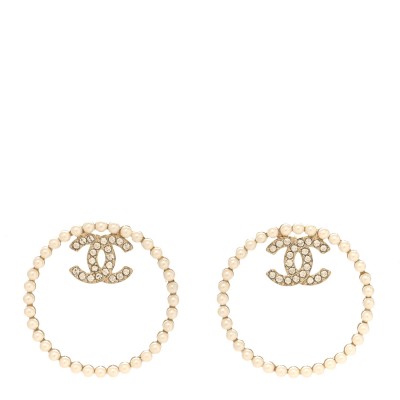 Crystal Pearl CC Door Knocker Hoop Earrings Gold Pearly White