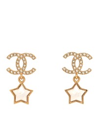 Metal Crystal Pearl CC Star Earrings Gold Pearly White