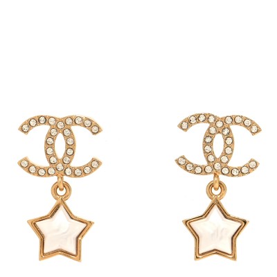 Metal Crystal Pearl CC Star Earrings Gold Pearly White