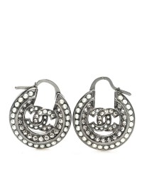 Crystal Pearl CC Hoop Earrings Silver