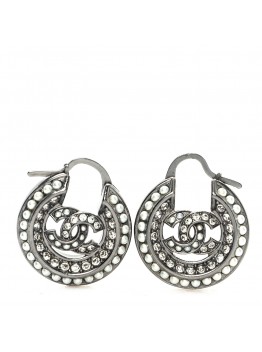 Crystal Pearl CC Hoop Earrings Silver