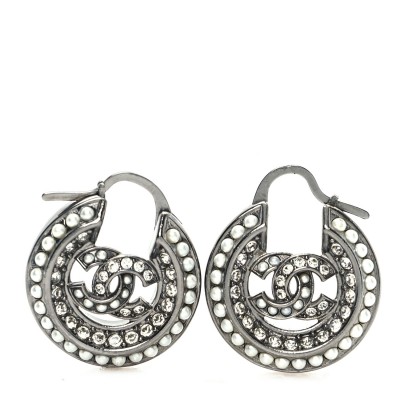 Crystal Pearl CC Hoop Earrings Silver