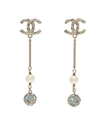 Crystal Pearl CC Ball Chain Drop Earrings Gold Blue