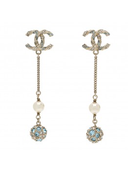 Crystal Pearl CC Ball Chain Drop Earrings Gold Blue