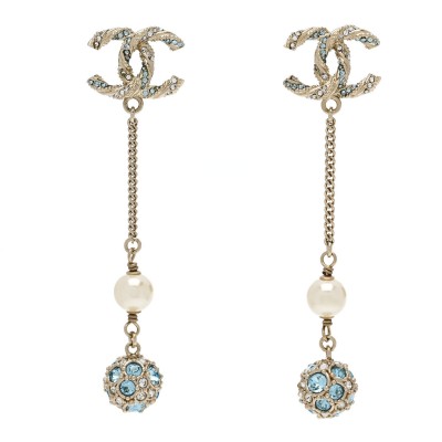 Crystal Pearl CC Ball Chain Drop Earrings Gold Blue