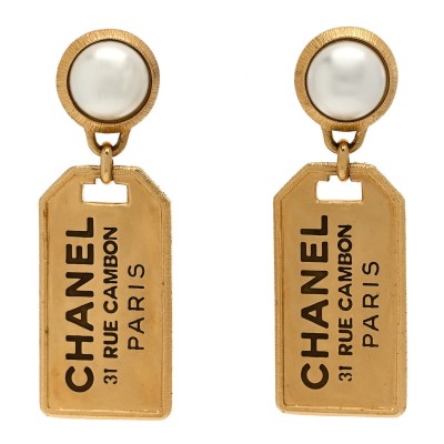 Pearl CC Tags Drop Earrings Gold