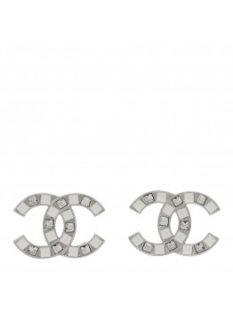 Crystal Enamel CC Earrings Silver White