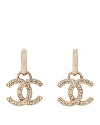 Metal Crystal Studded CC Hoop Drop Earrings Gold