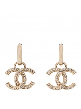 Metal Crystal Studded CC Hoop Drop Earrings Gold