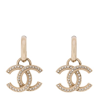 Metal Crystal Studded CC Hoop Drop Earrings Gold