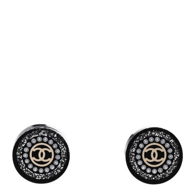 Crystal Pearl CC Round Earrings Black Silver