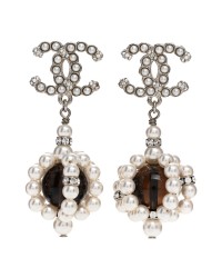 Crystal Pearl Bead CC Drop Earrings Silver Black