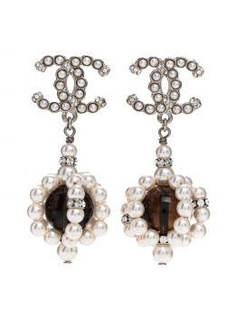Crystal Pearl Bead CC Drop Earrings Silver Black