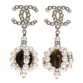 Crystal Pearl Bead CC Drop Earrings Silver Black