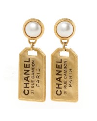 Pearl CC Tags Drop Earrings Gold