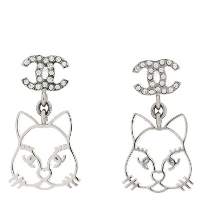 Crystal Emoji Choupette Cat CC Earrings Silver