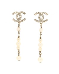 Pearl Crystal CC Drop Earrings Gold