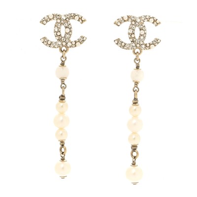 Pearl Crystal CC Drop Earrings Gold