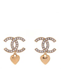 Metal Crystal CC Heart Drop Earrings Gold