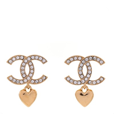 Metal Crystal CC Heart Drop Earrings Gold