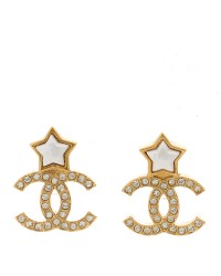 Metal Crystal Pearl CC Star Earrings Gold Pearly White