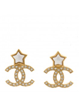 Metal Crystal Pearl CC Star Earrings Gold Pearly White