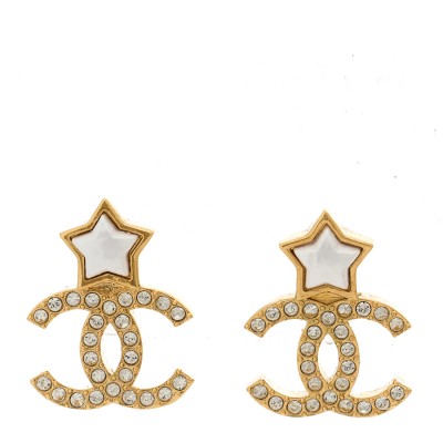 Metal Crystal Pearl CC Star Earrings Gold Pearly White