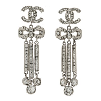 Crystal CC Bow Drop Earrings Silver