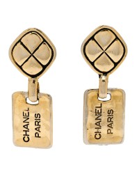 Metal Quilted Tag Drop Clip On Earrings Gold