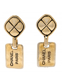 Metal Quilted Tag Drop Clip On Earrings Gold
