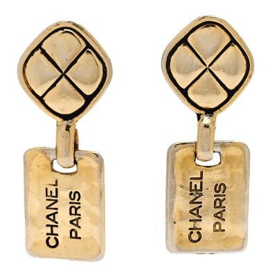 Metal Quilted Tag Drop Clip On Earrings Gold