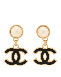 Pearl Enamel CC Drop Earrings Black