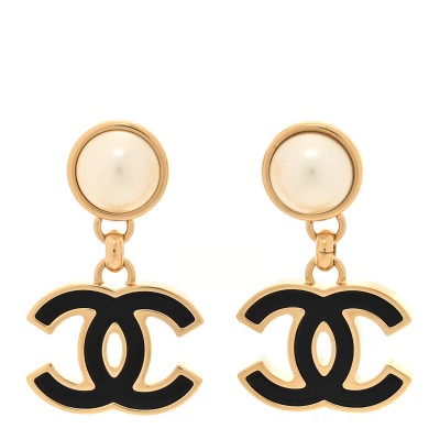 Pearl Enamel CC Drop Earrings Black