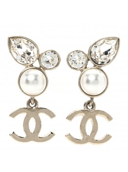 Pearl Crystal CC Drop Earrings Gold