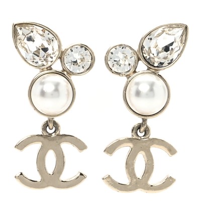 Pearl Crystal CC Drop Earrings Gold