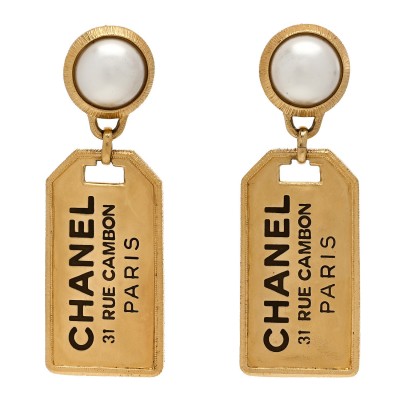 Pearl CC Tags Drop Earrings Gold