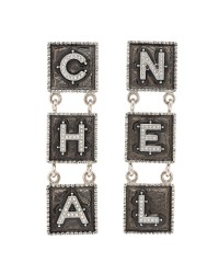 Metal Crystal Cha-Nel Logo Drop Earrings Silver
