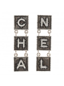 Metal Crystal Cha-Nel Logo Drop Earrings Silver