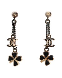 Enamel CC Clover Drop Earrings Black Gold