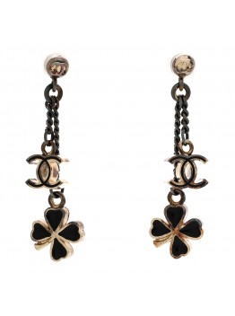 Enamel CC Clover Drop Earrings Black Gold