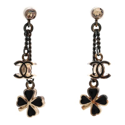 Enamel CC Clover Drop Earrings Black Gold