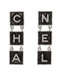 Metal Crystal Cha-Nel Logo Drop Earrings Silver